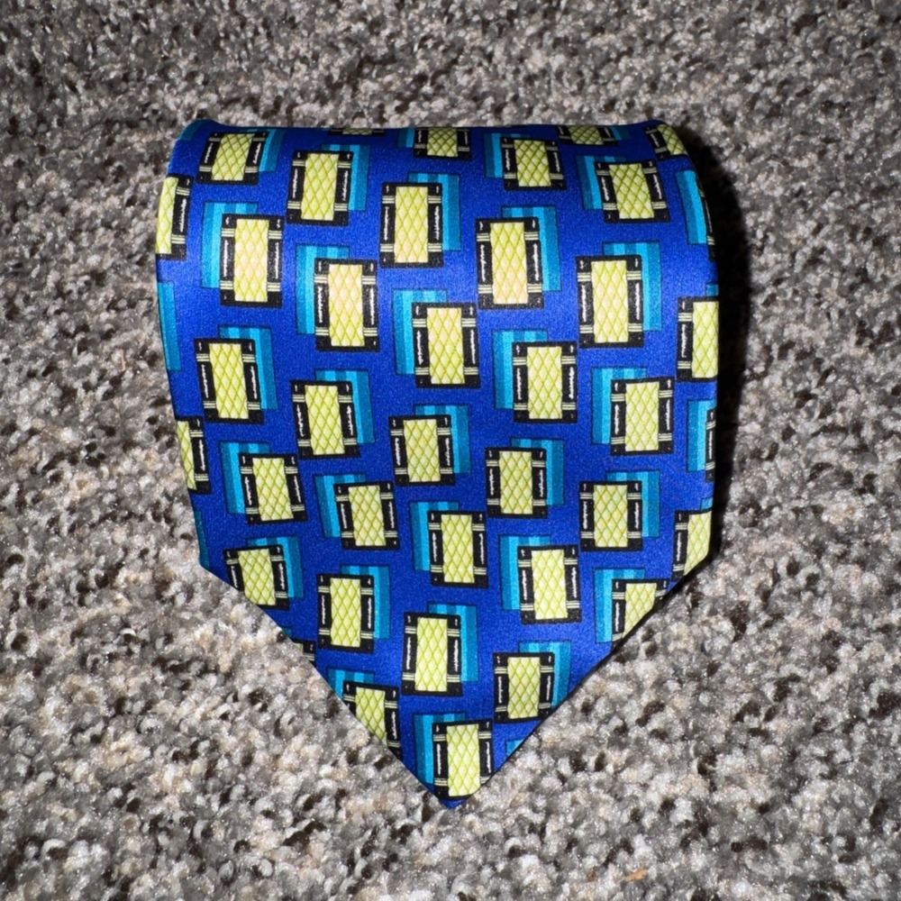 Valentino Cravatte Silk Tie Blue Green Geometric Made in Italy 4 Inch Wide